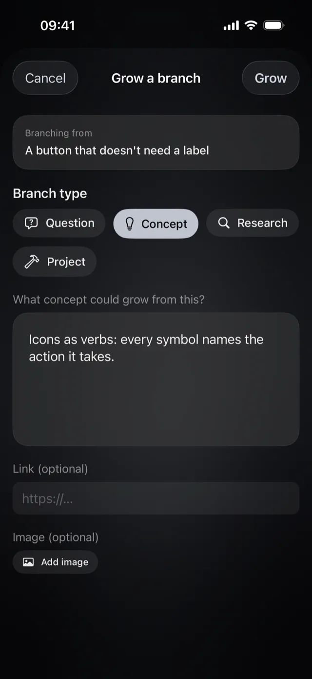 Growing a branch in Oryne: pick a question, a concept, research, or a project.