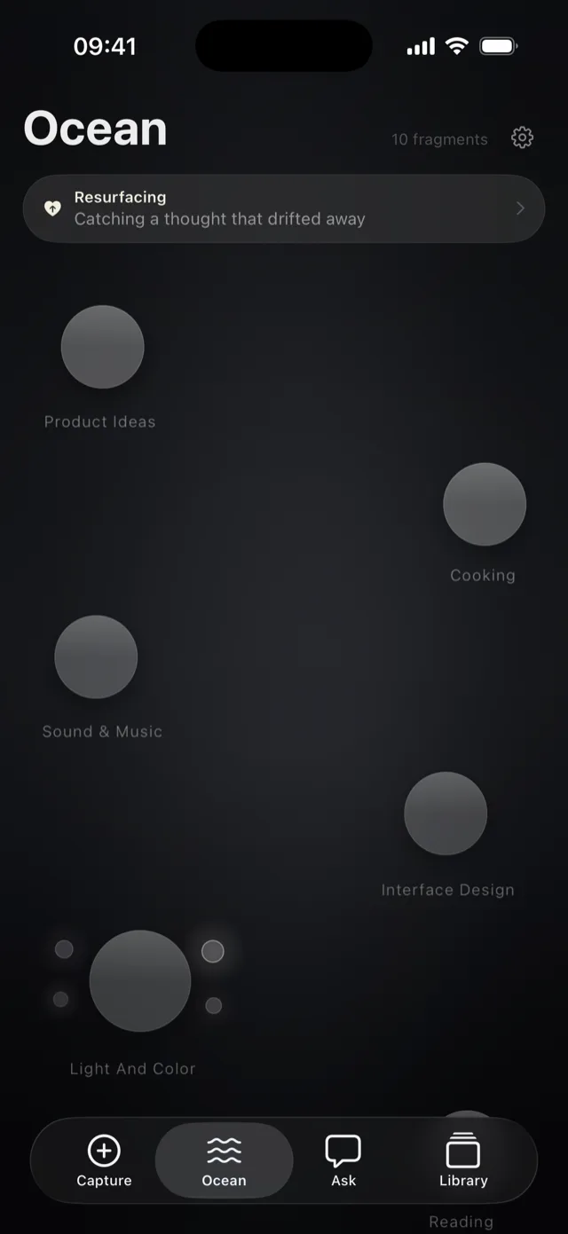 The Oryne Ocean: thoughts drift as soft orbs and gather into currents.