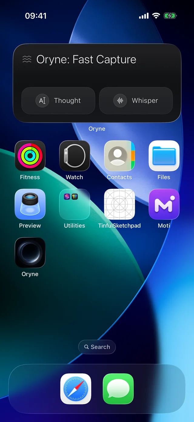 The Fast Capture widget on the Home Screen, with a Thought button and a Whisper button.